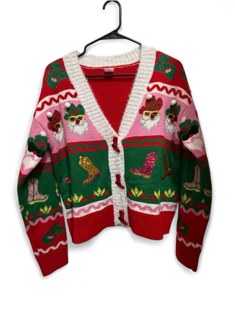 Holiday Time Red Green Pink Sequin Santa V-Neck Cardigan